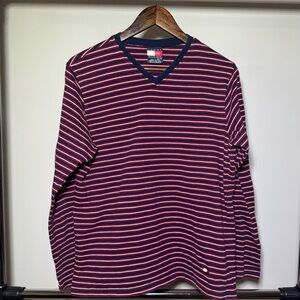 Tommy Hilfiger Red and Navy Striped V-Neck Shirt